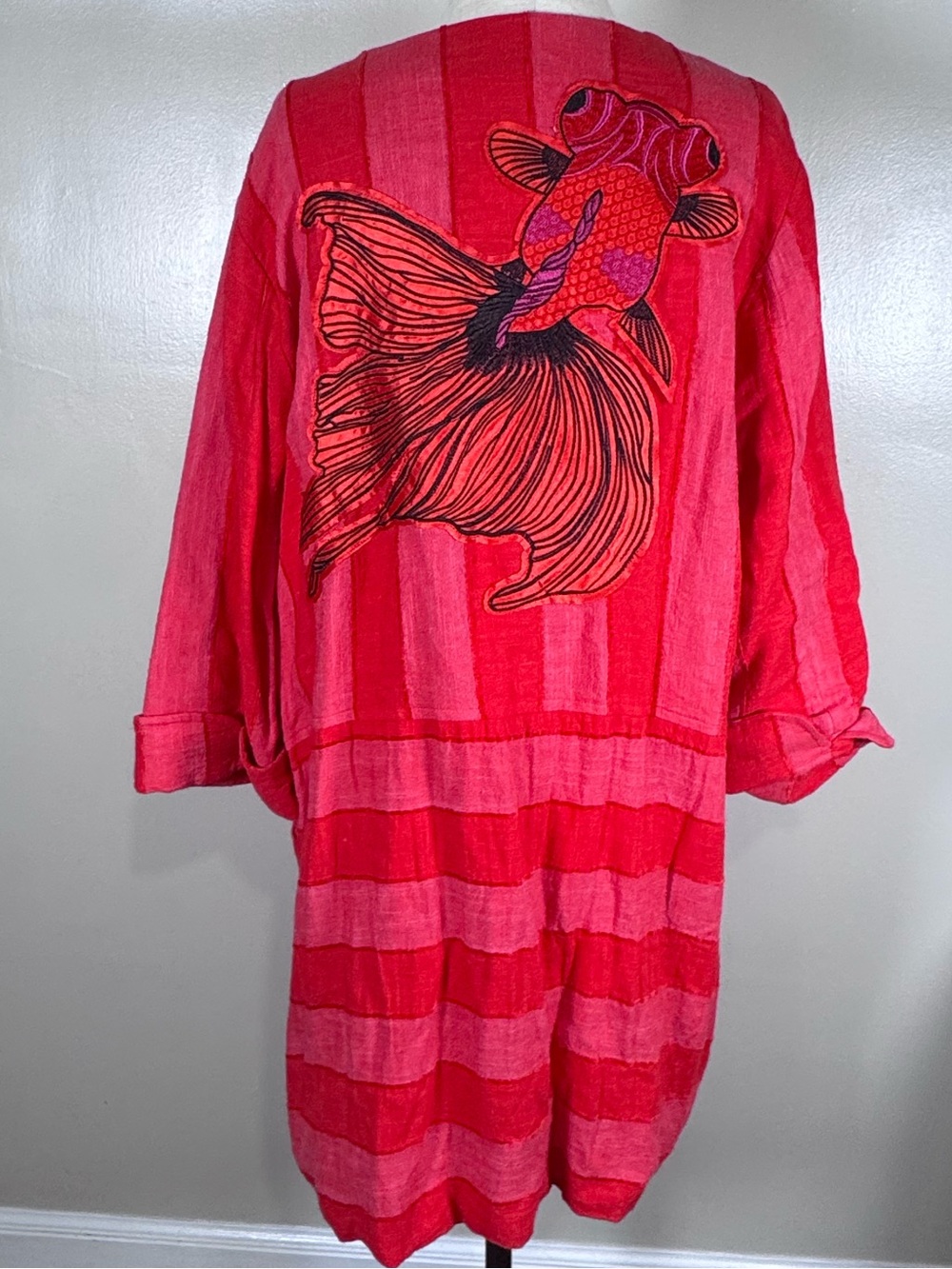 Eva Franco Anthropologie "Embroidered Goldfish" Striped Linen Blend Jacket Sz L
